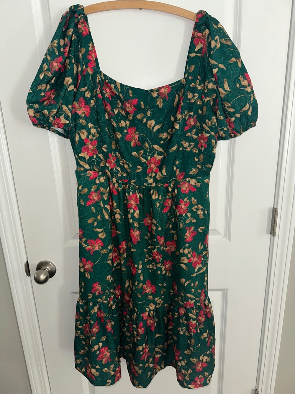 Draper James Green Floral Smocked Puff Sleeve Tiered Midi Dress, Size XL